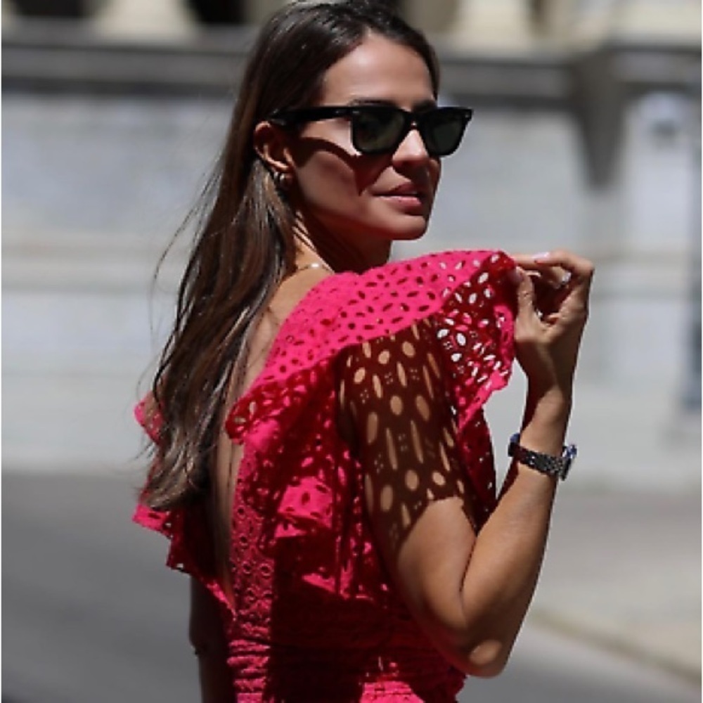 Zara eyelet Cutwork Embroidered Midi Dress Size S hot pink